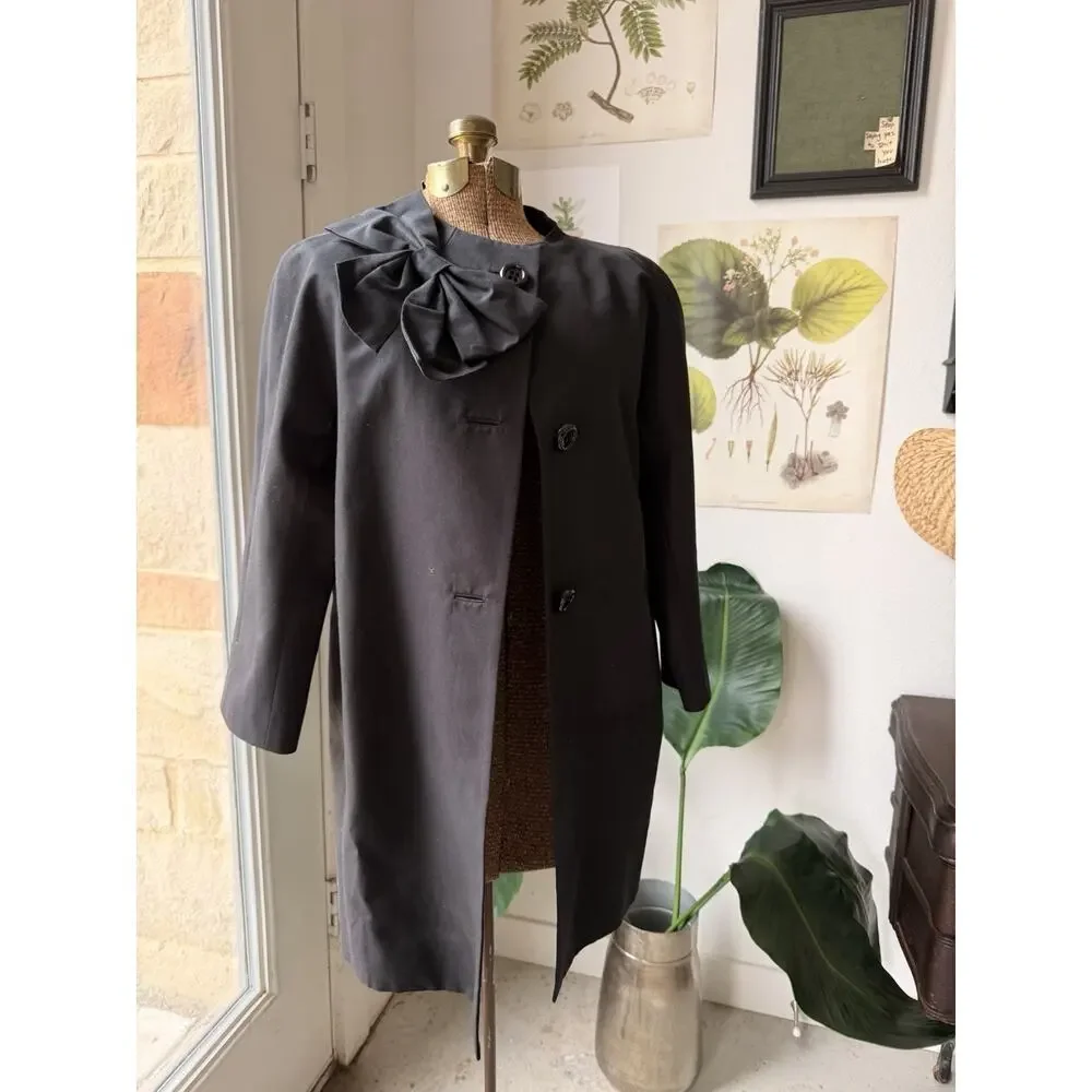 Kate Spade New York Black Bow Accent Button Mid-Length Overcoat Size M